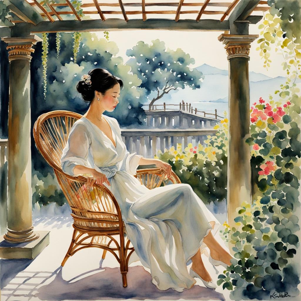 Woman in Pergola: Watercolor Painting by Keiko Tanabe