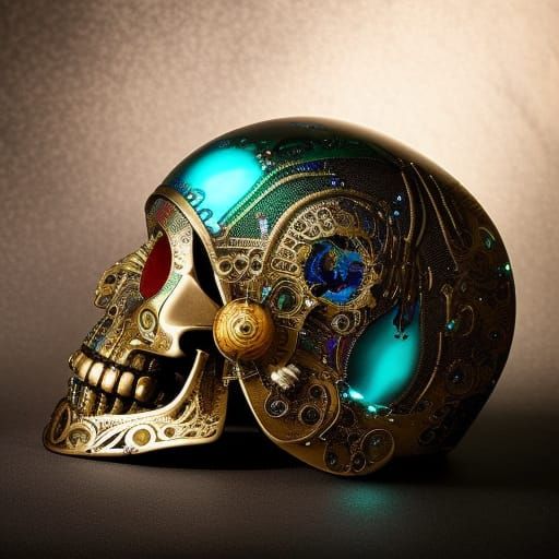 Cybernetic Alien Skull: Hyperdetailed Gouache Illustration