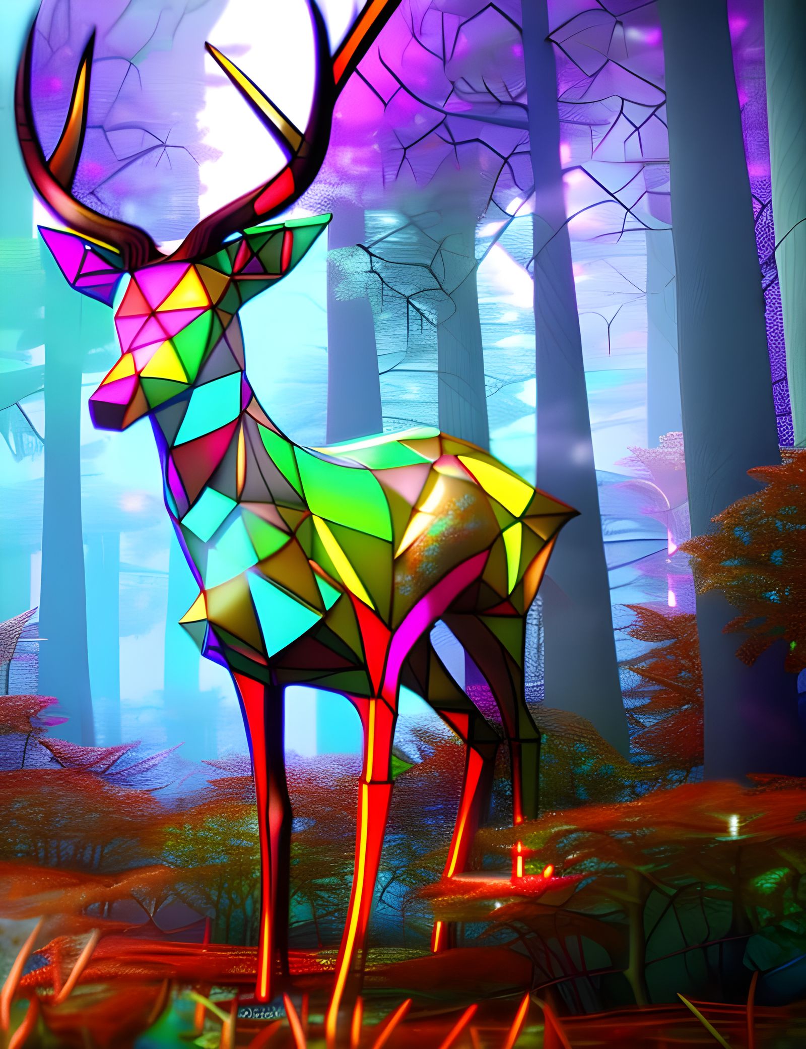 Stained Glass Deer in Realistic Forest: 3D Render