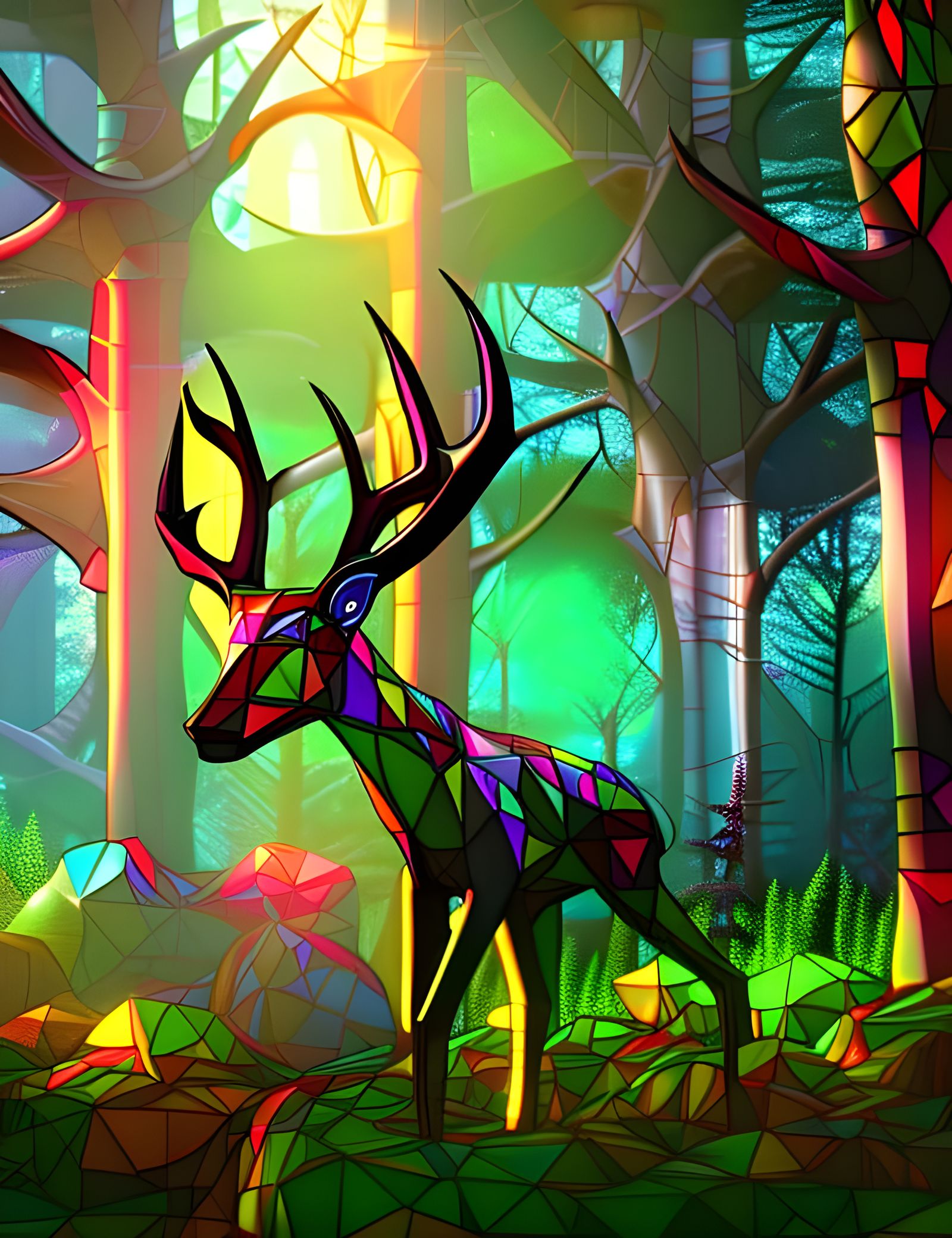 Stained Glass Deer in Forest: 3D Digital Art