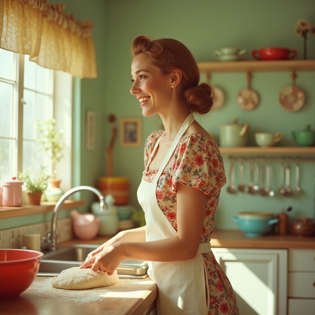 Nostalgic 1950s Kitchen Scene with Woman Kneading Dough