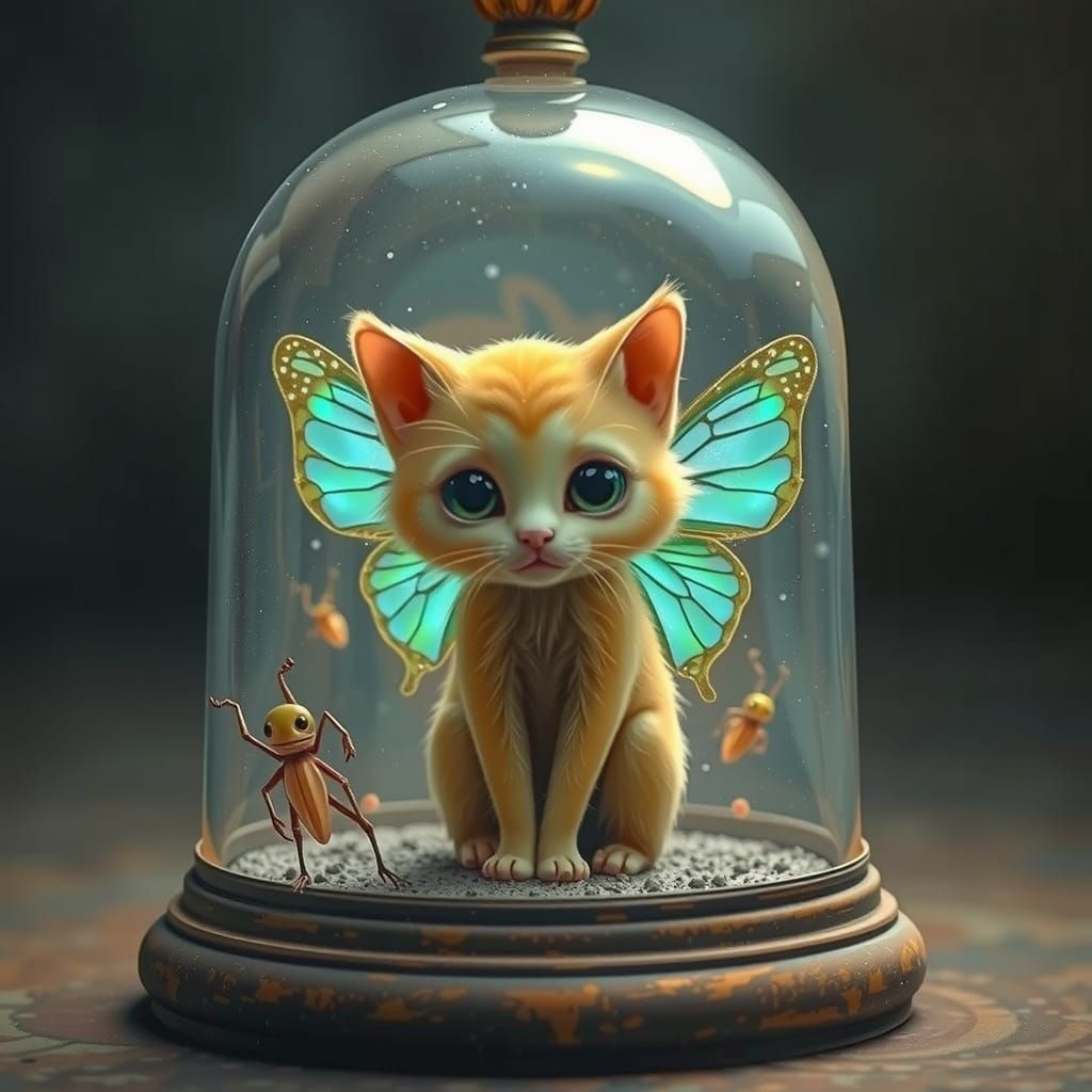 Cat Cryptid with Butterfly Wings in Specimen Jar