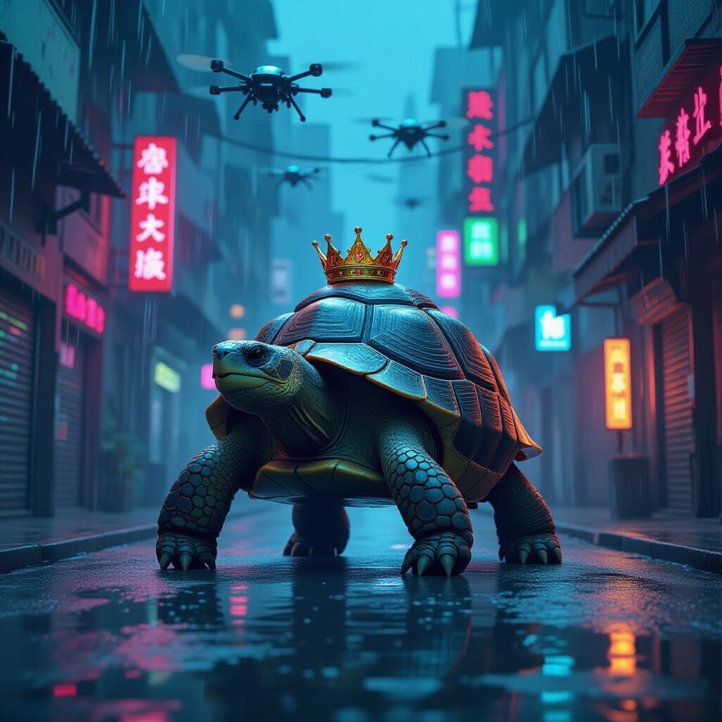 Giant Crowned Tortoise Navigates Neon Cyberpunk City