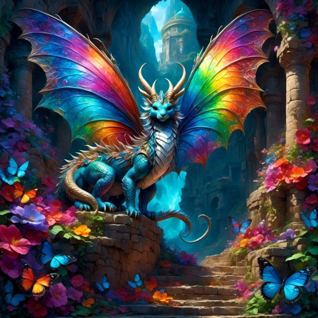 Rainbow Dragon Emerges in Fantasy Oil Painting