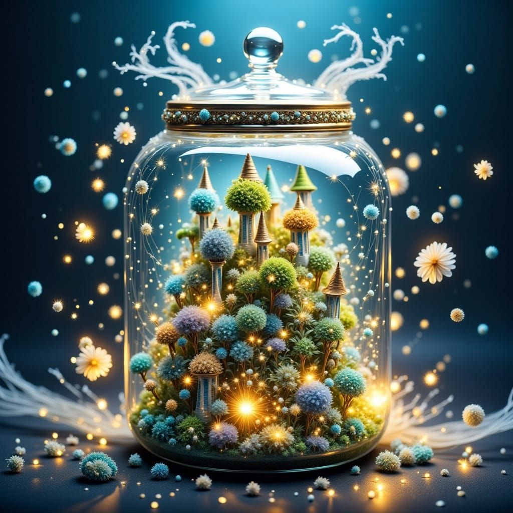 Whimsical Town in Glass Jar with Magical Mist