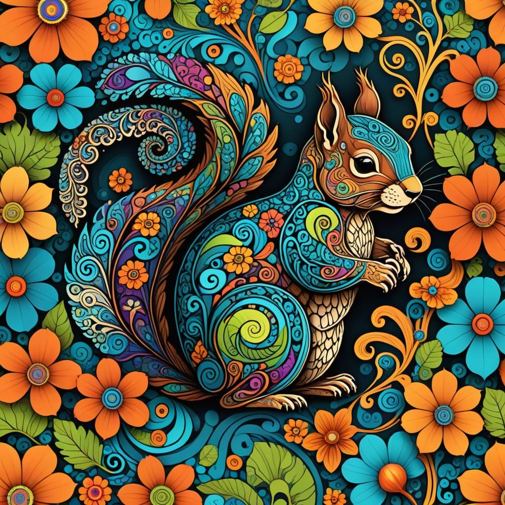 Psychedelic Squirrel Amidst Abstract Forest