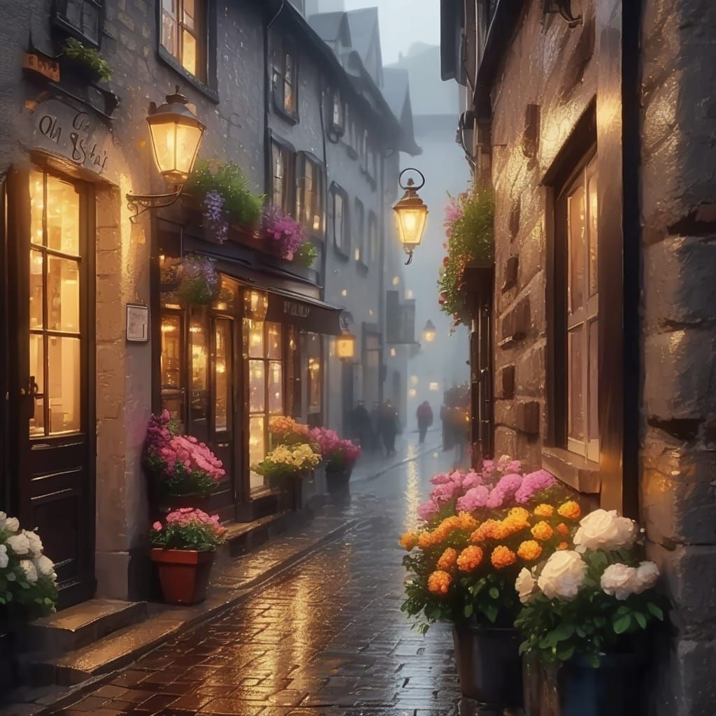 Rainy Village Street with Shops in Digital Art Style
