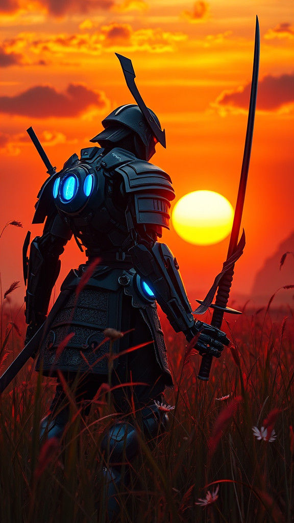 Robot Samurai Face-Off at Sunset Battlefield