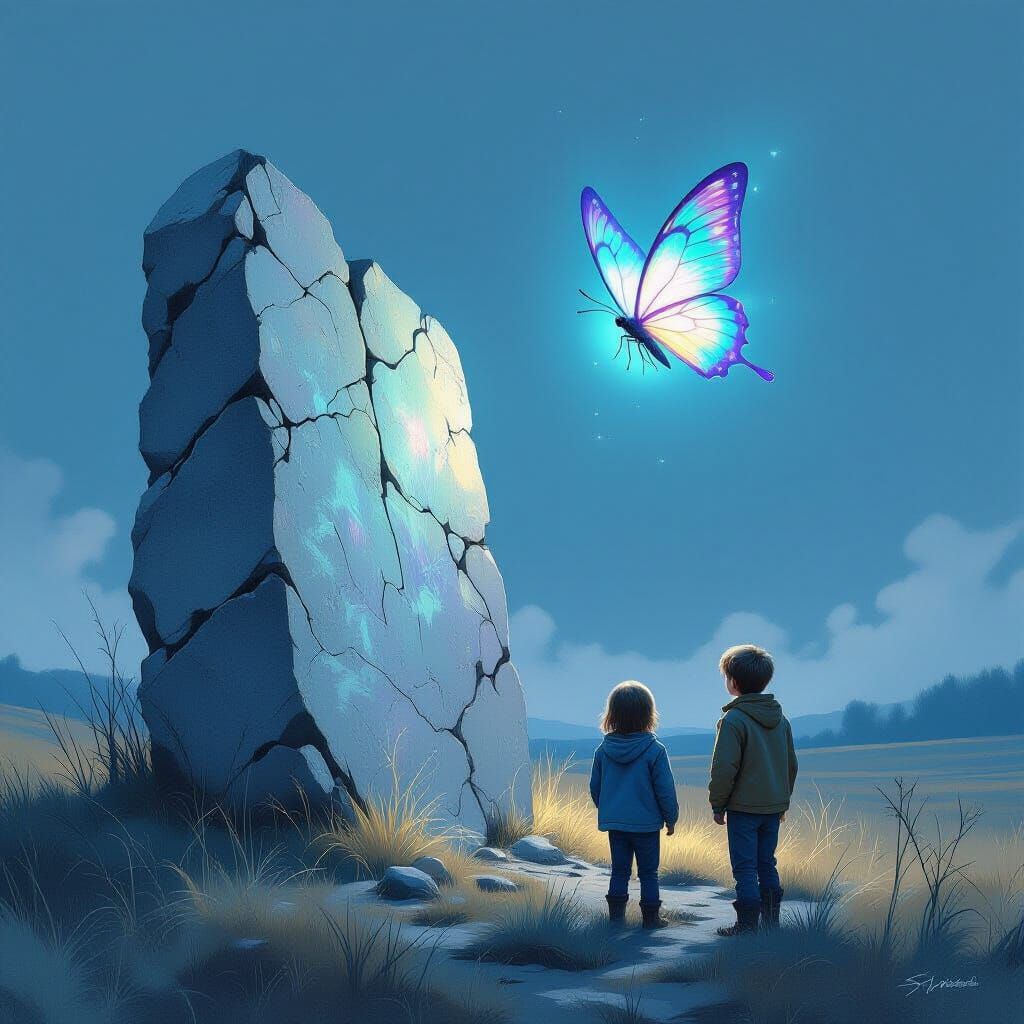 Eerie Encounter: Children, Concrete Slab, Iridescent Butterf...