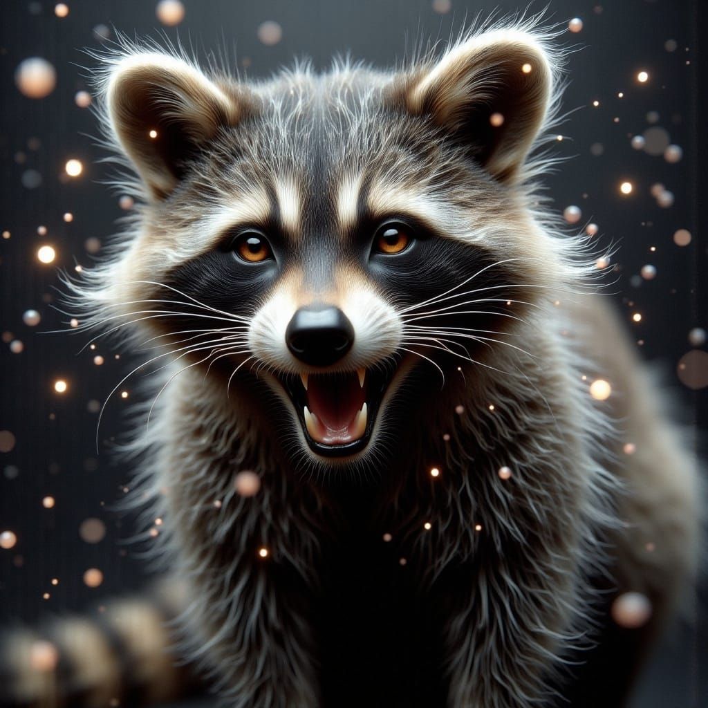 Mischievous Raccoon Surrounded by Floating Particles