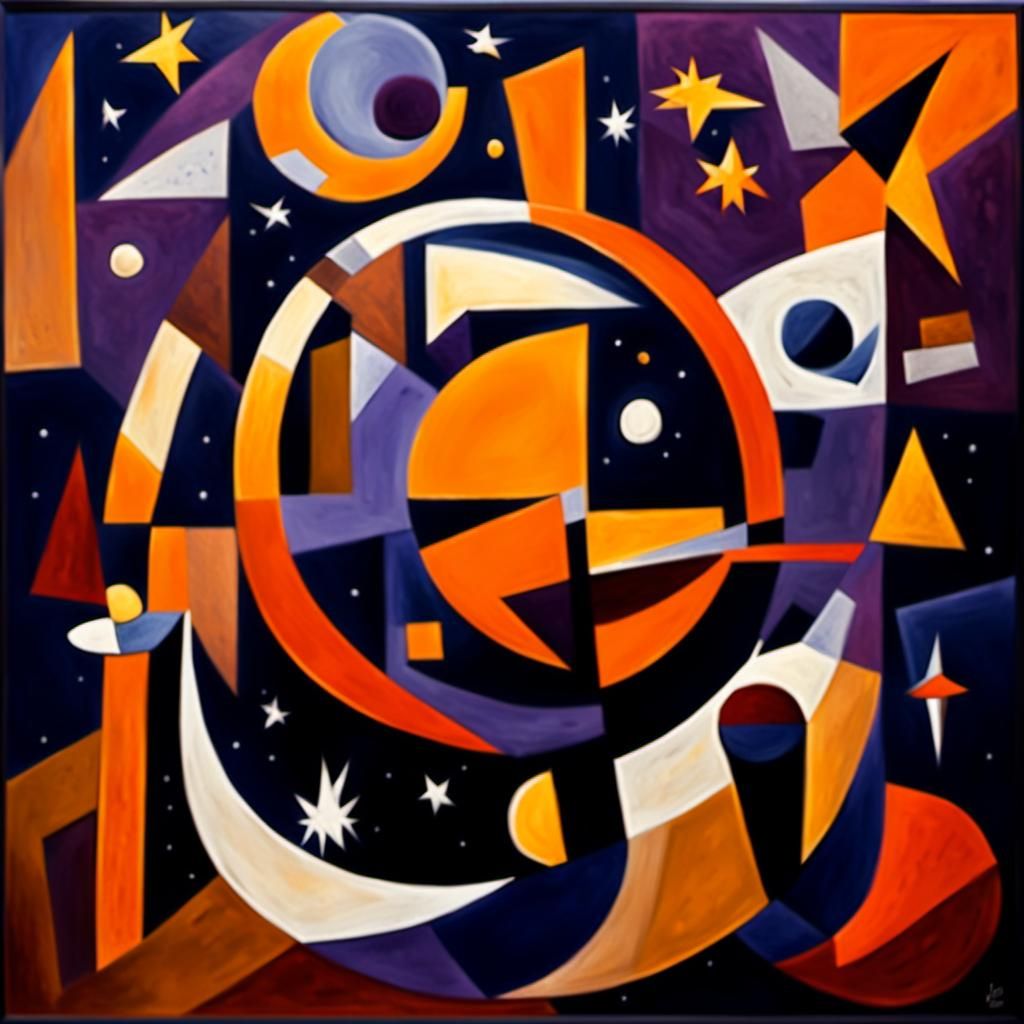 A colorful, abstract space scene with a large orange planet surrounded by smaller planets and stars against a dark, star...