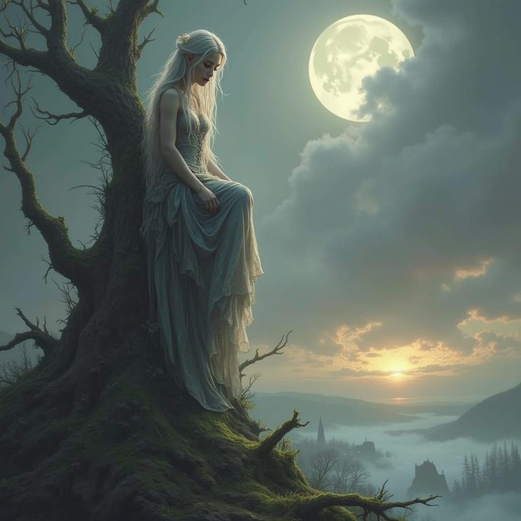 Sorrowful Elven Queen in Misty Grove, Art Nouveau Style