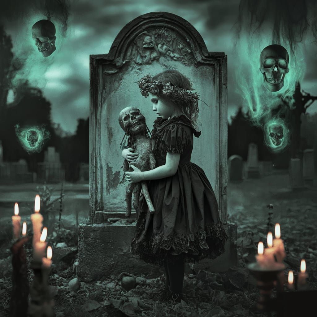 Eerie Girl with Voodoo Doll in Haunted Cemetery