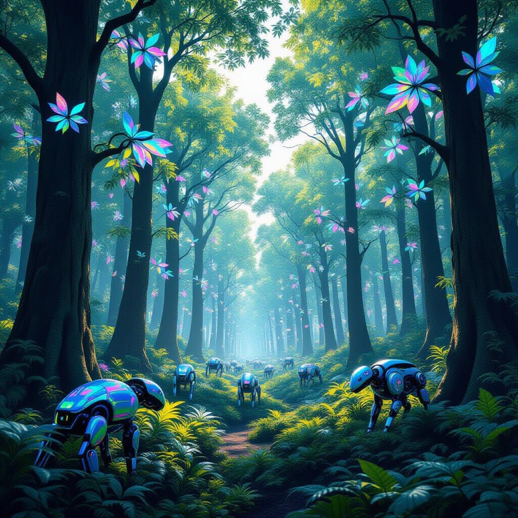 "A dense forest where trees have integrated holographic leav...