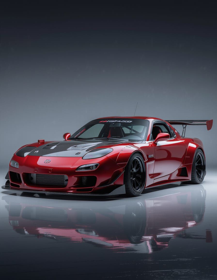 Modified Metallic Red Mazda RX-7 Sports Car