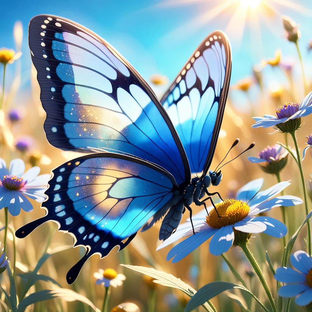 Blue Butterfly in Sunlit Field: 3D Anime Art