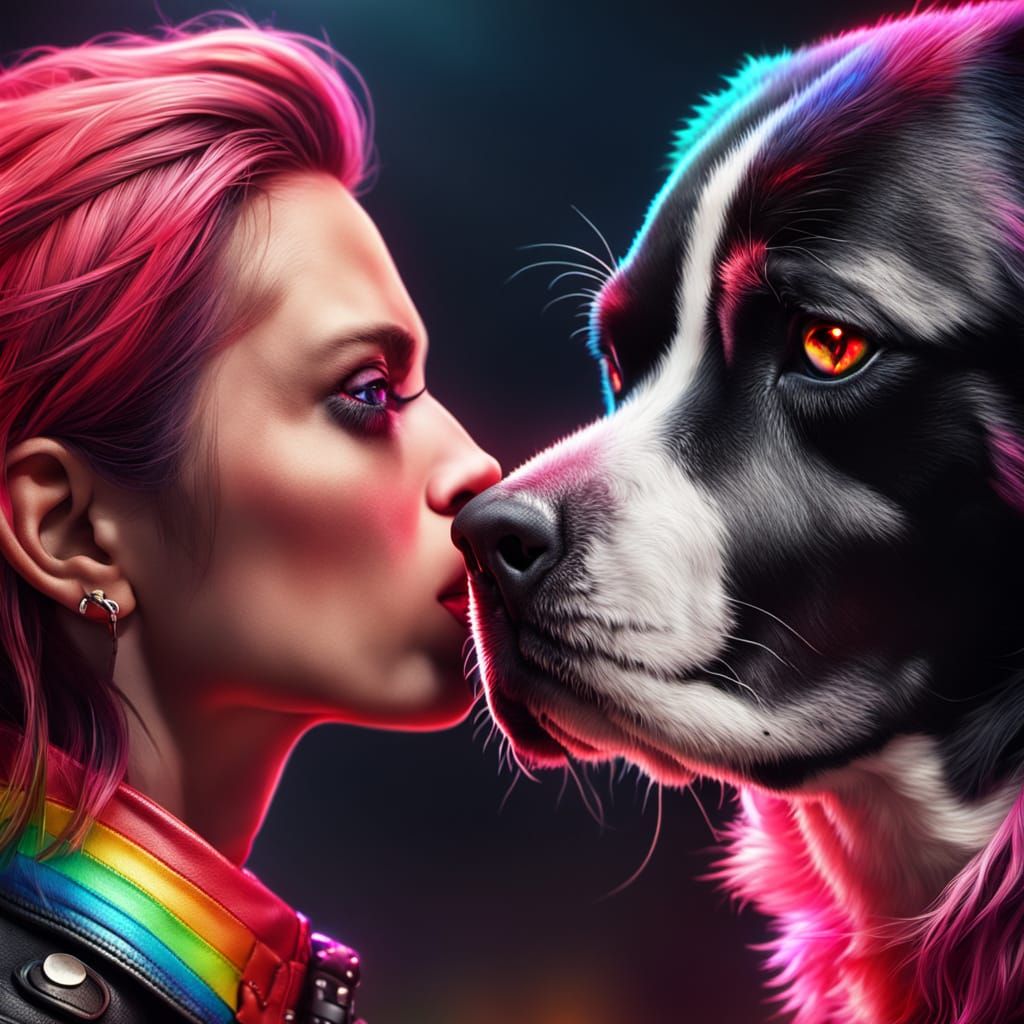 Rainbow Dog Kisses Warrior: Hyper-Realistic Digital Art