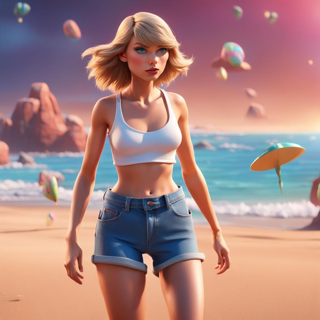 Taylor Swift Inspired Beach Scene in 3D Digital Art