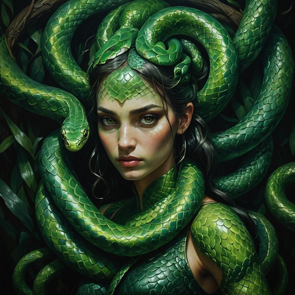 Green Snake Girl Portrait in Digital Art