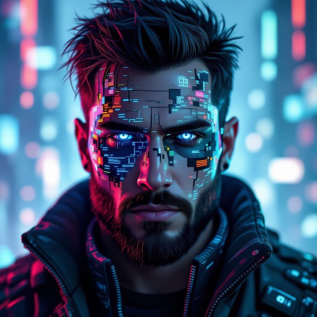 Cyberpunk Hacker Portrait with Digital Glitch Art