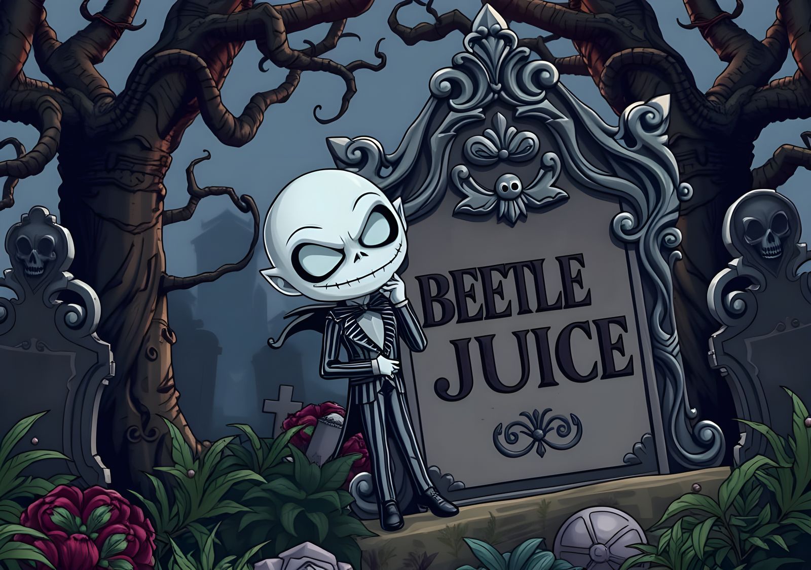 Mischievous Beetlejuice in Victorian Cemetery