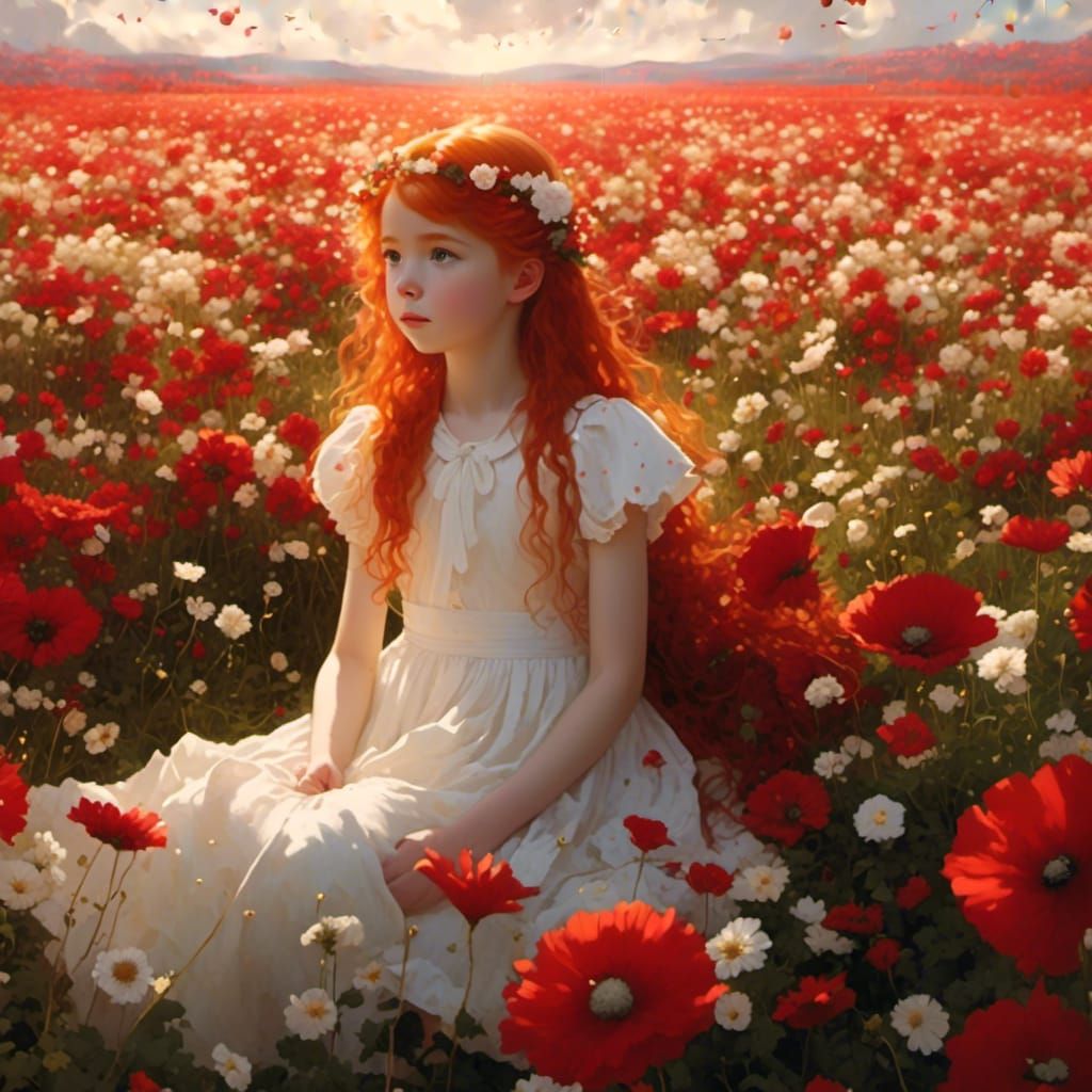 Anime Girl in Flower Field at Golden Hour