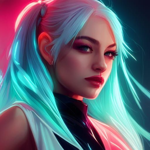 Cyberpunk Portrait of Blue-Haired Woman in Neon Lights