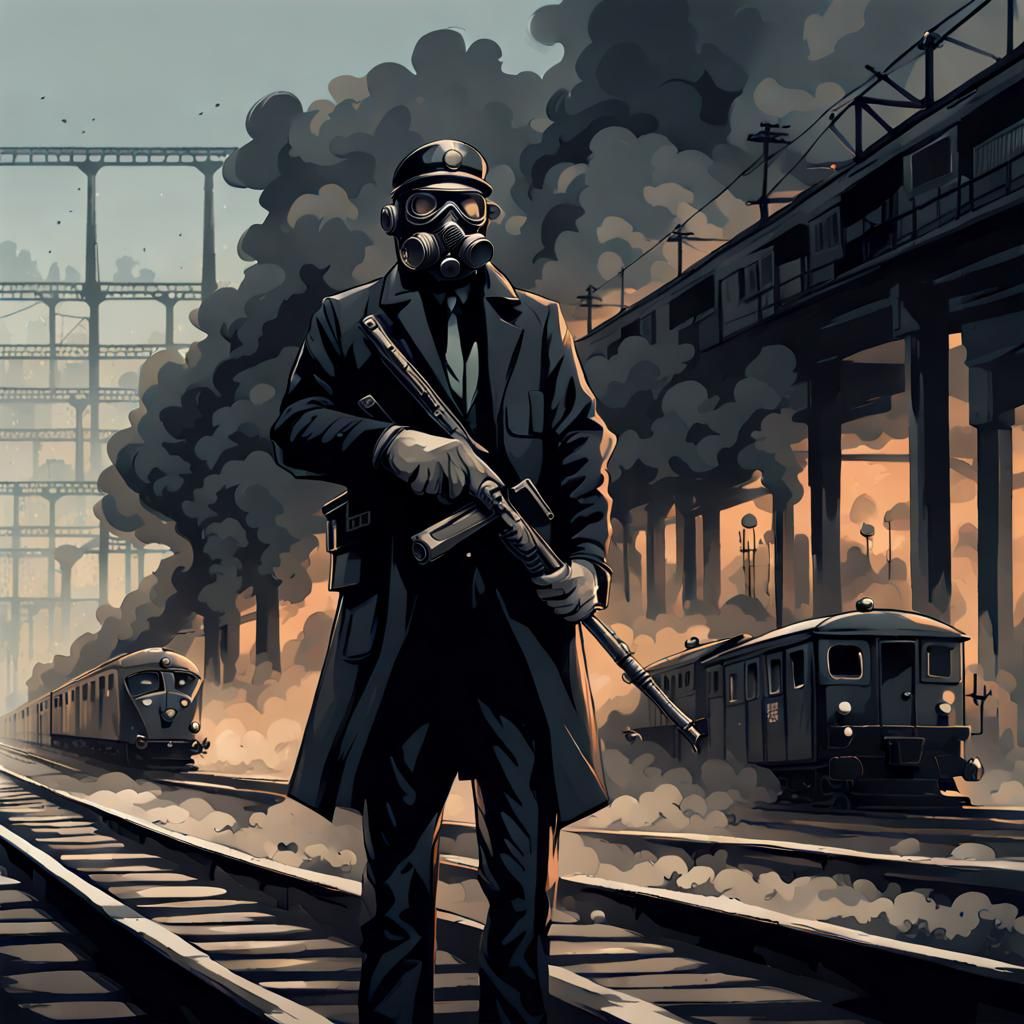 Gas Masked Figure Watches Train in Dystopian City