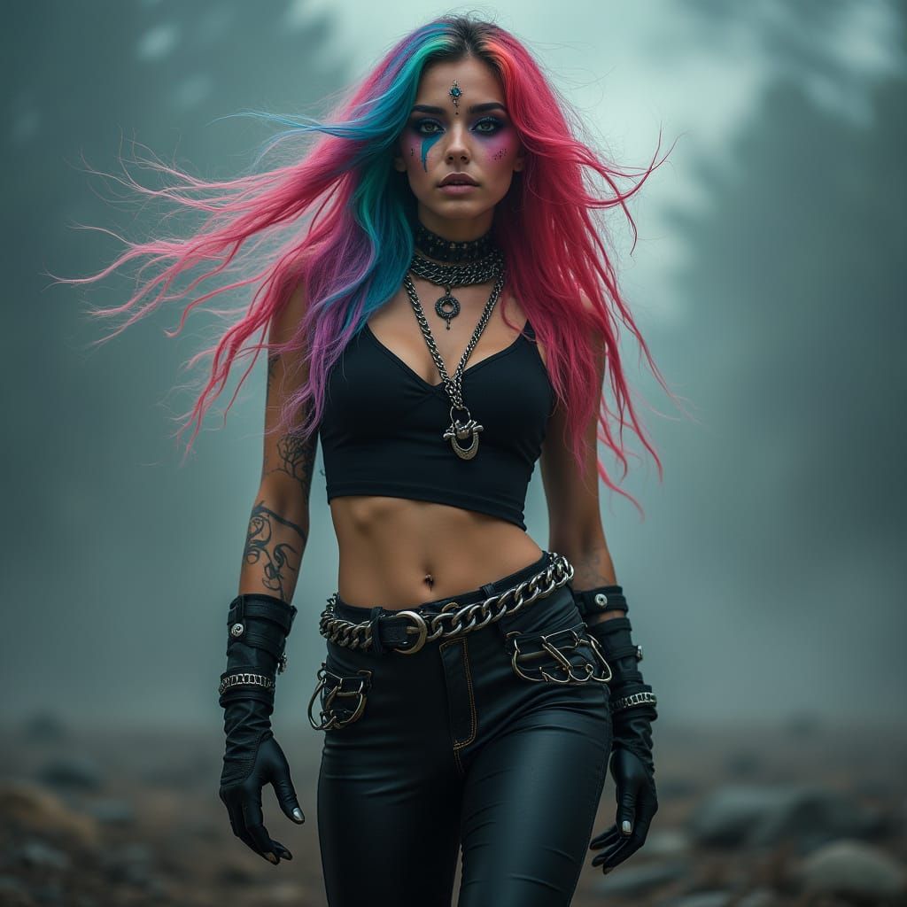 Rainbow Haired Woman Braves Storm in Dark Attire