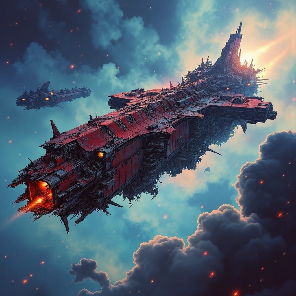 Battle-Scarred Dreadnought Starship Entwined in Kaleidoscopi...