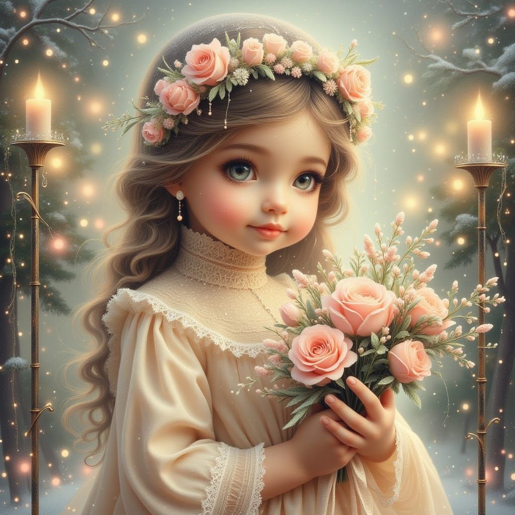 Victorian Toddler Flower Seller in Dreamy Winter Scene