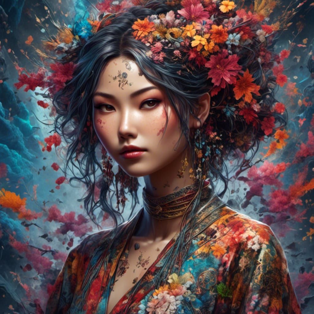 Colorful Tattooed Kimono Girl with Fractal Hair