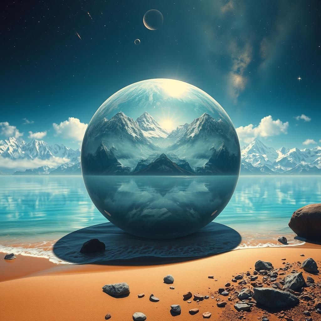 Ethereal Landscape with Radiant Sphere in Dreamy Style