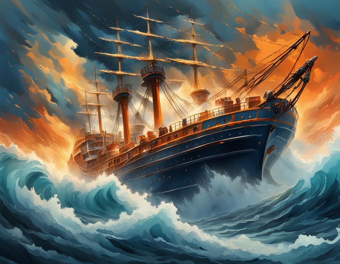 Steamboat Battling Stormy Seas in Fantasy Art