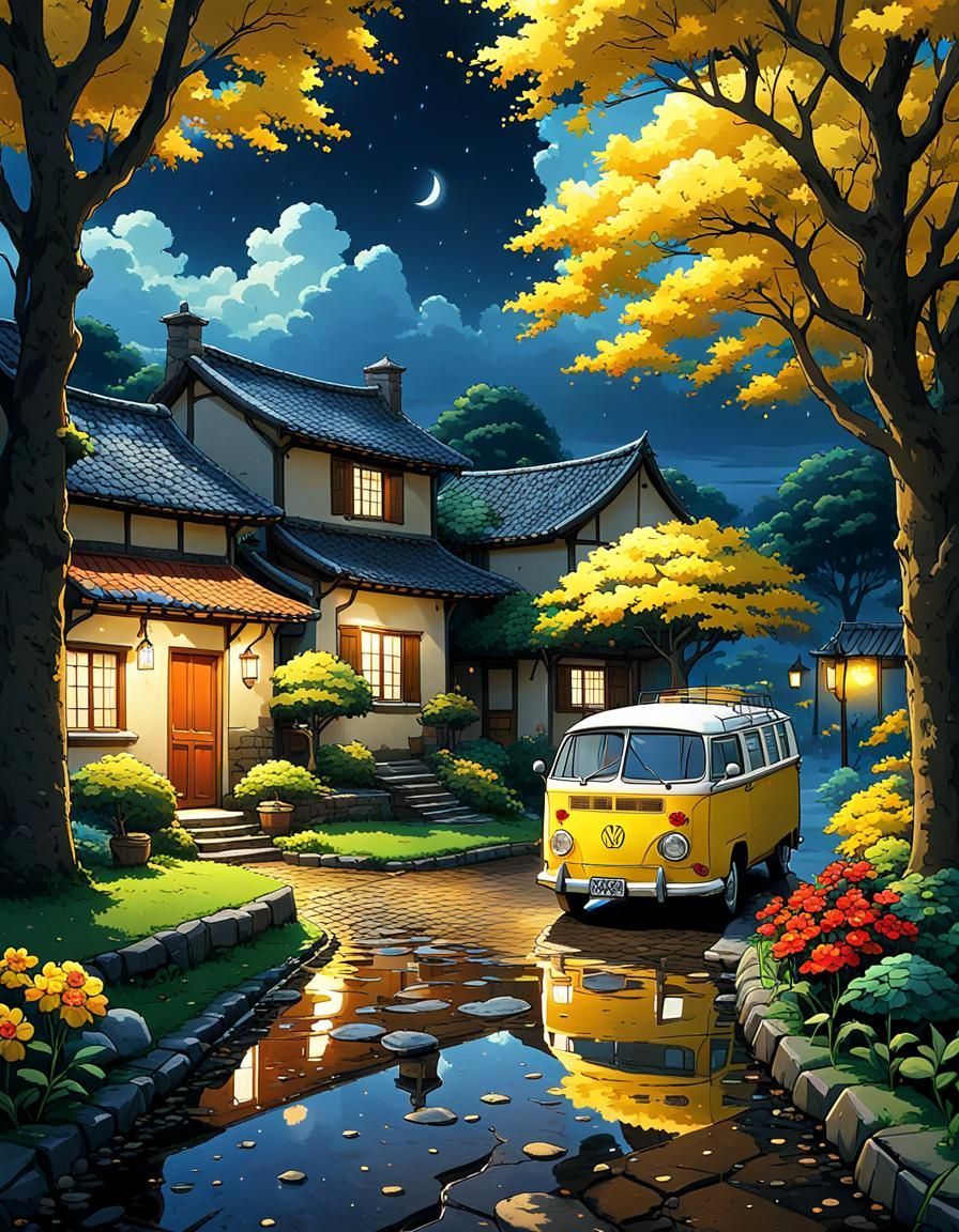 Nighttime Rural Scene with VW Van in Anime Style
