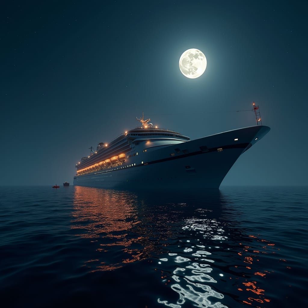 Cruise Ship Sinking at Night in Hyperrealism Style