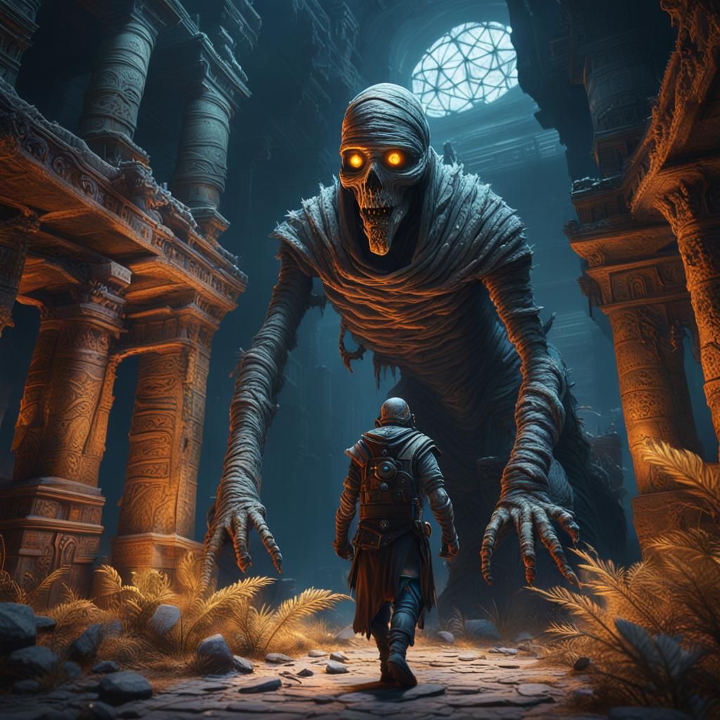 Mummy Stalking in Detailed Matte Painting Style