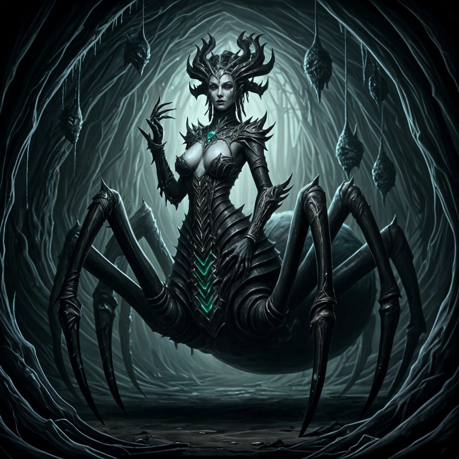 Elegant Obsidian Drider in Shadowy Tunnels