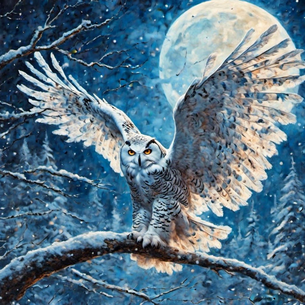 Snowy Owl in Royal Blue Winter Landscape