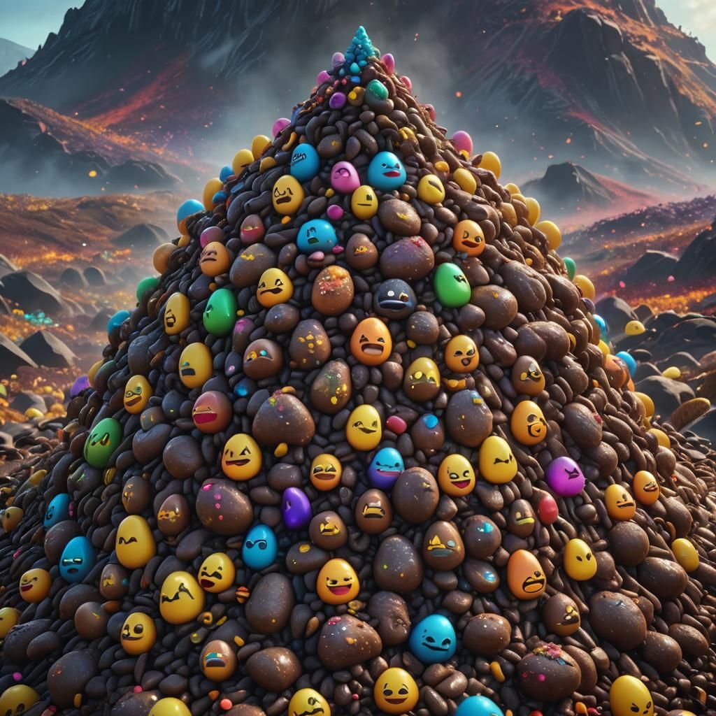 Emoji Pile on Misty Mountain Peak in 3D