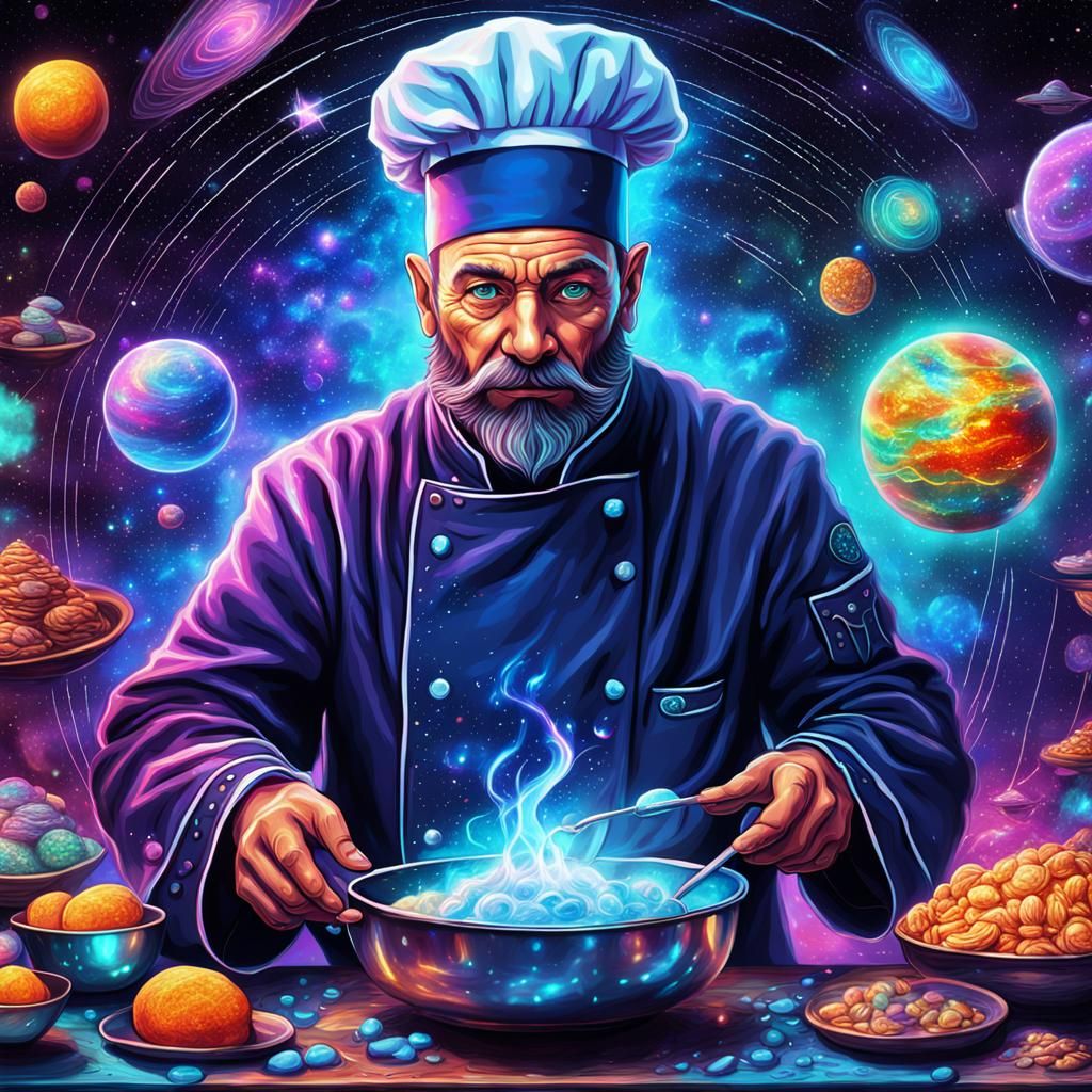Fantasy Alchemist Chef in Cosmic Holographic Illustration