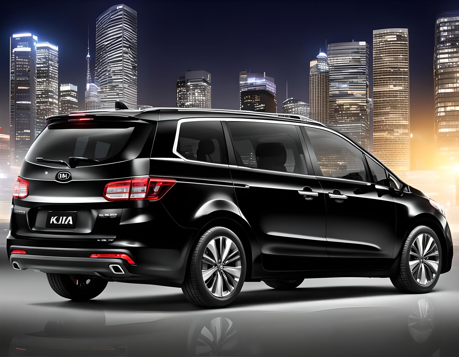 Black 2013 Kia MPV in Luxurious City (3D Render)