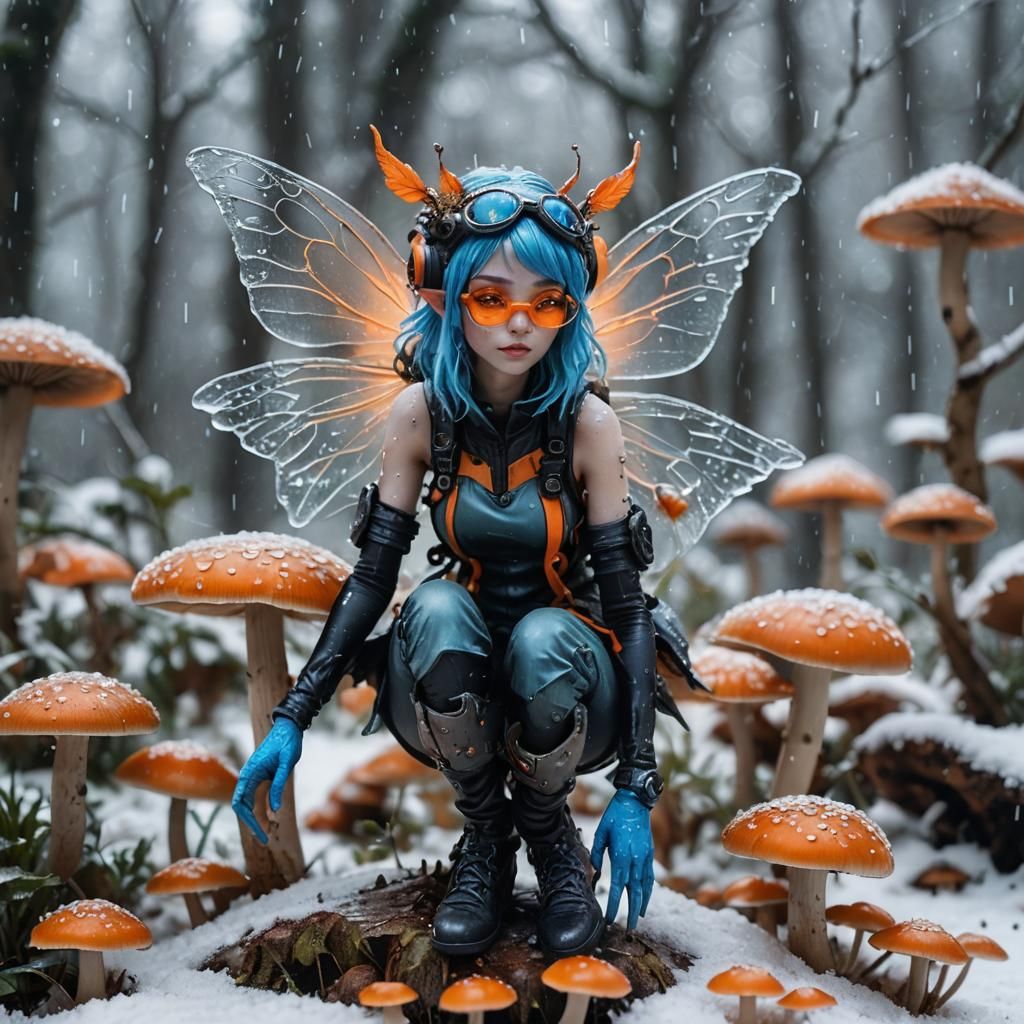 Cyberpunk Fairy on Mushroom, Macro Photography