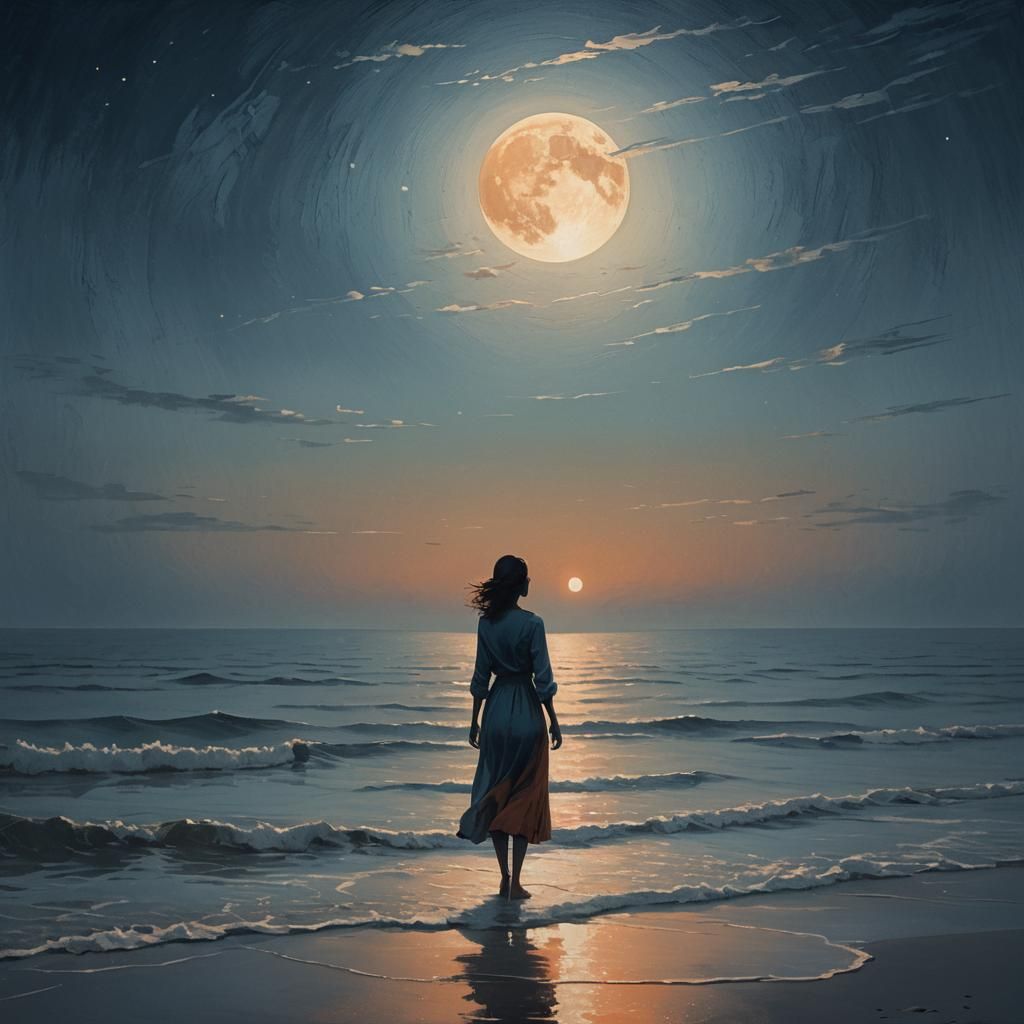 Ethereal Silhouette Art of Woman at Moonlit Seaside
