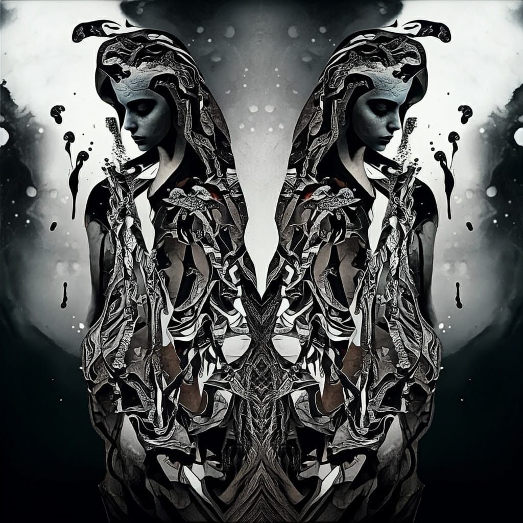 Symmetrical Inkblot Abstract Shapes in Black White Emotive F...