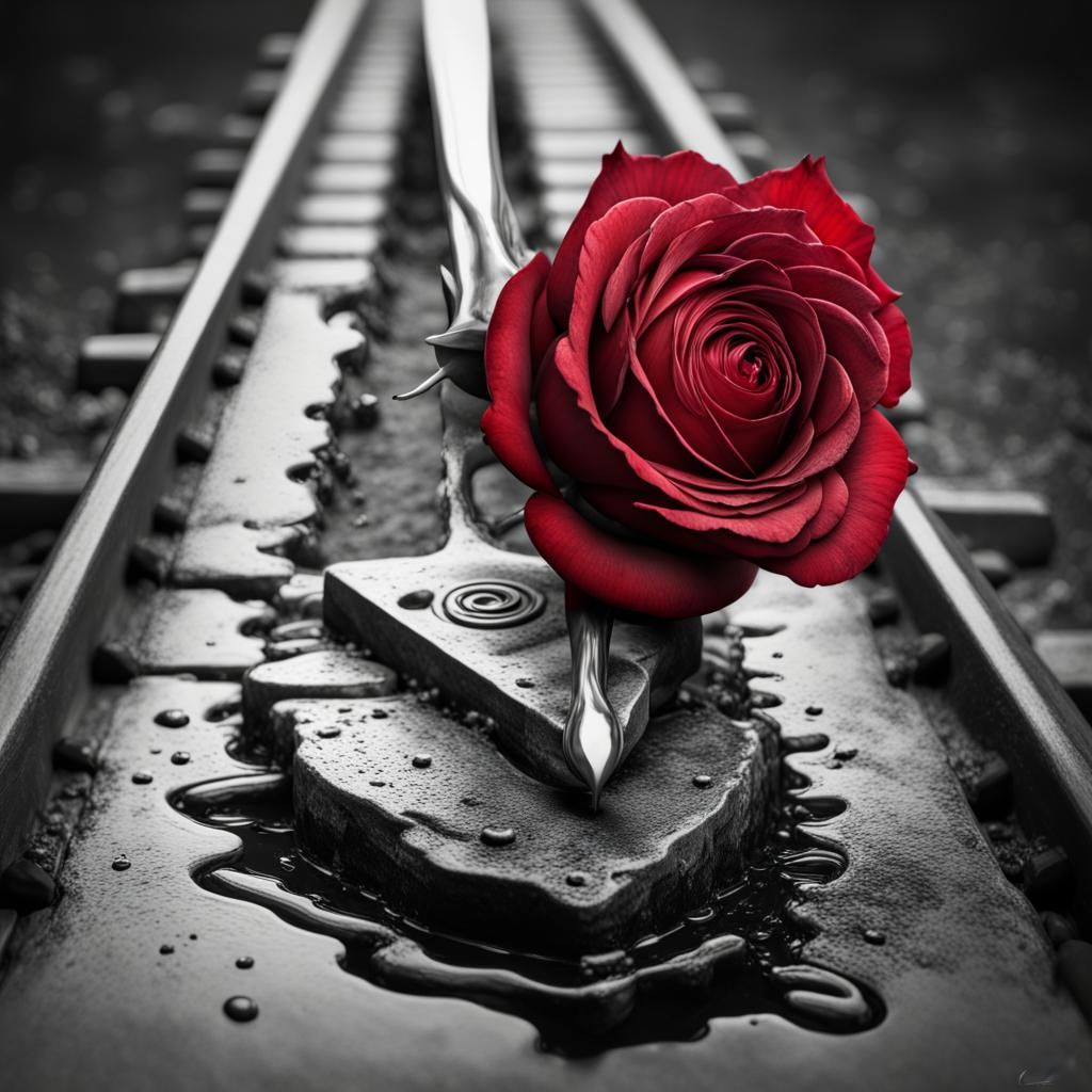 Hyperrealistic Railroad Spike and Rose in Red and Grey