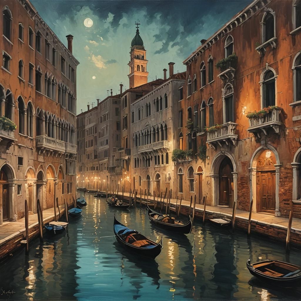 Venice Canal at Night, Canaletto Style Oil Painting