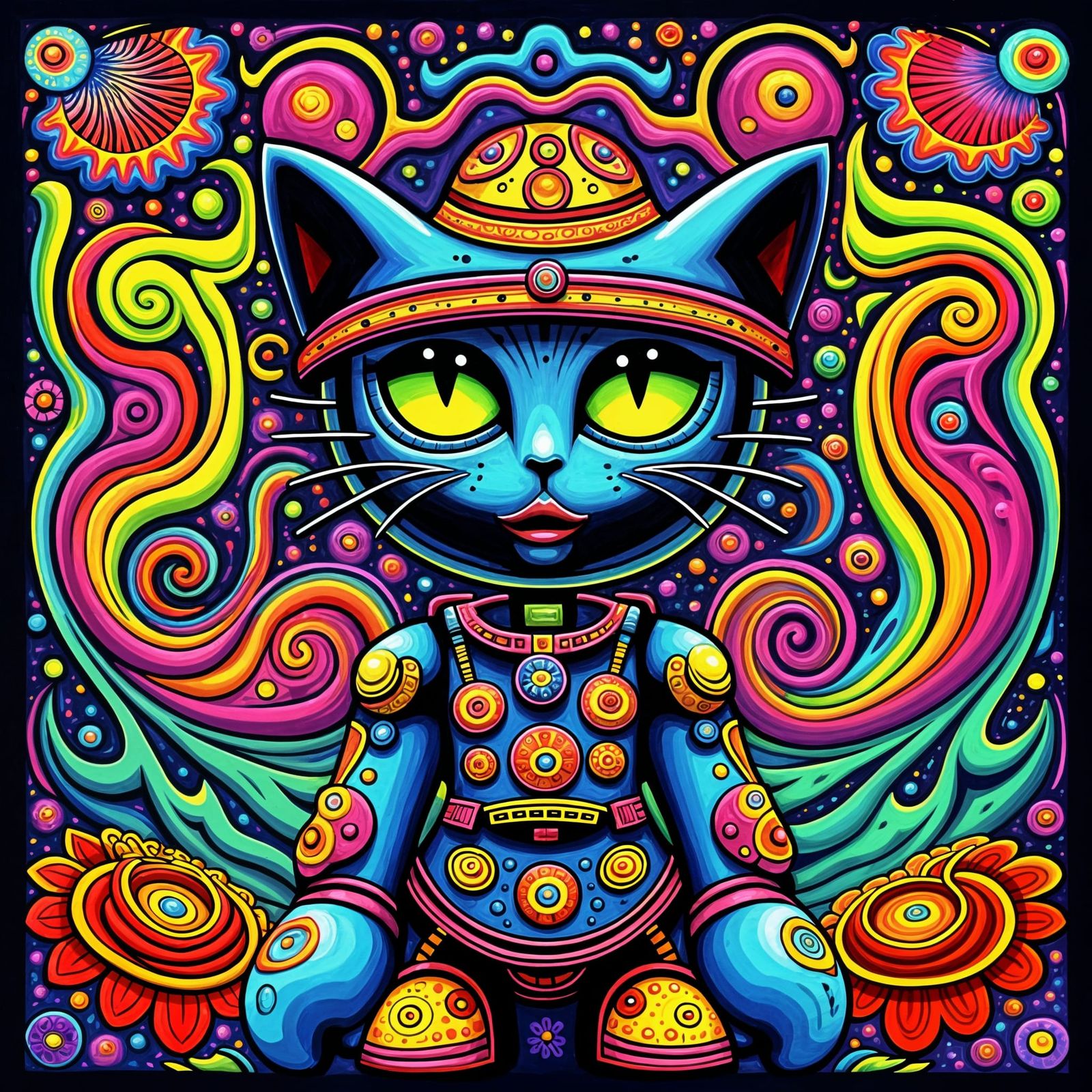 Psychedelic Robot Hippie Cat in Vibrant Floral Wonderland