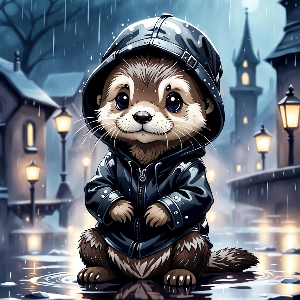 Emo Chibi Otter in the Rain Watercolor Illustration