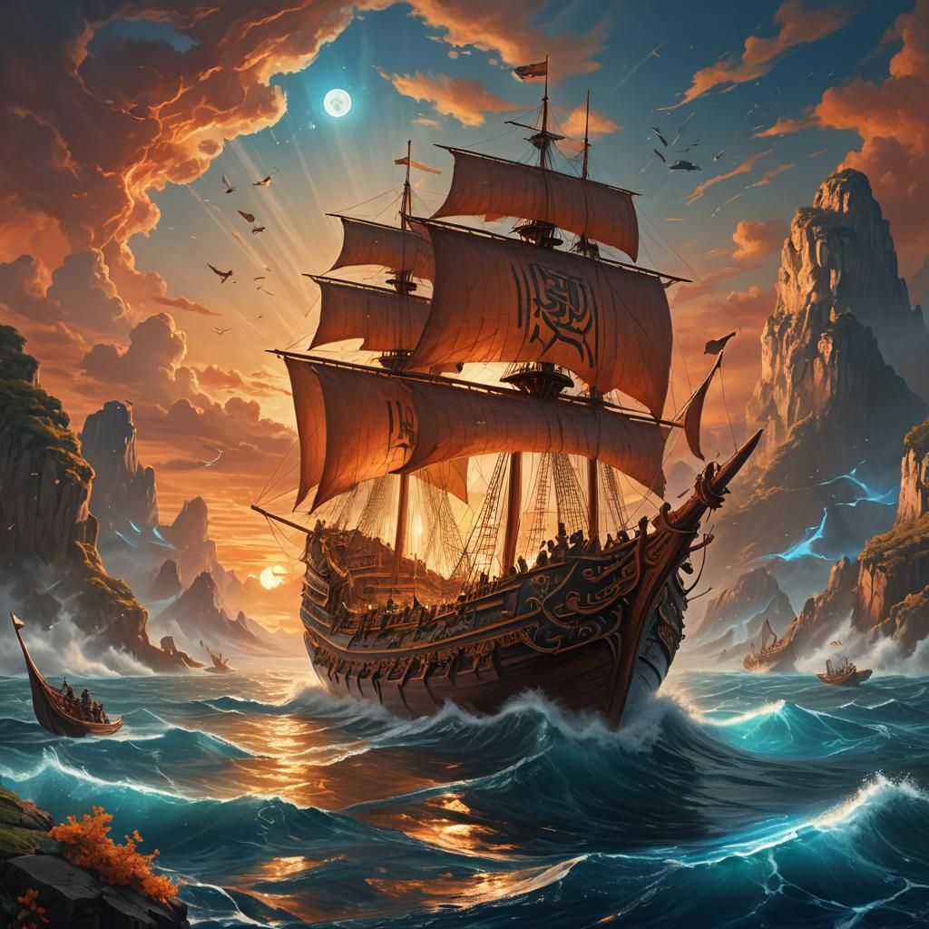 Trireme Sails Through Otherworldly Sea at Sunset